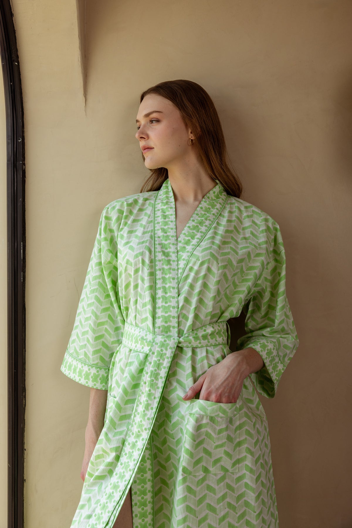 Herringbone Robe side profile with face visible